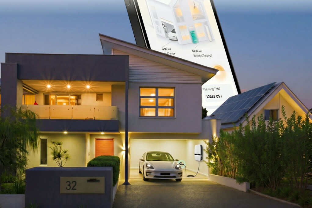 Modern smart home  with integrated solar and electric vehicle bidirectional charging V2L